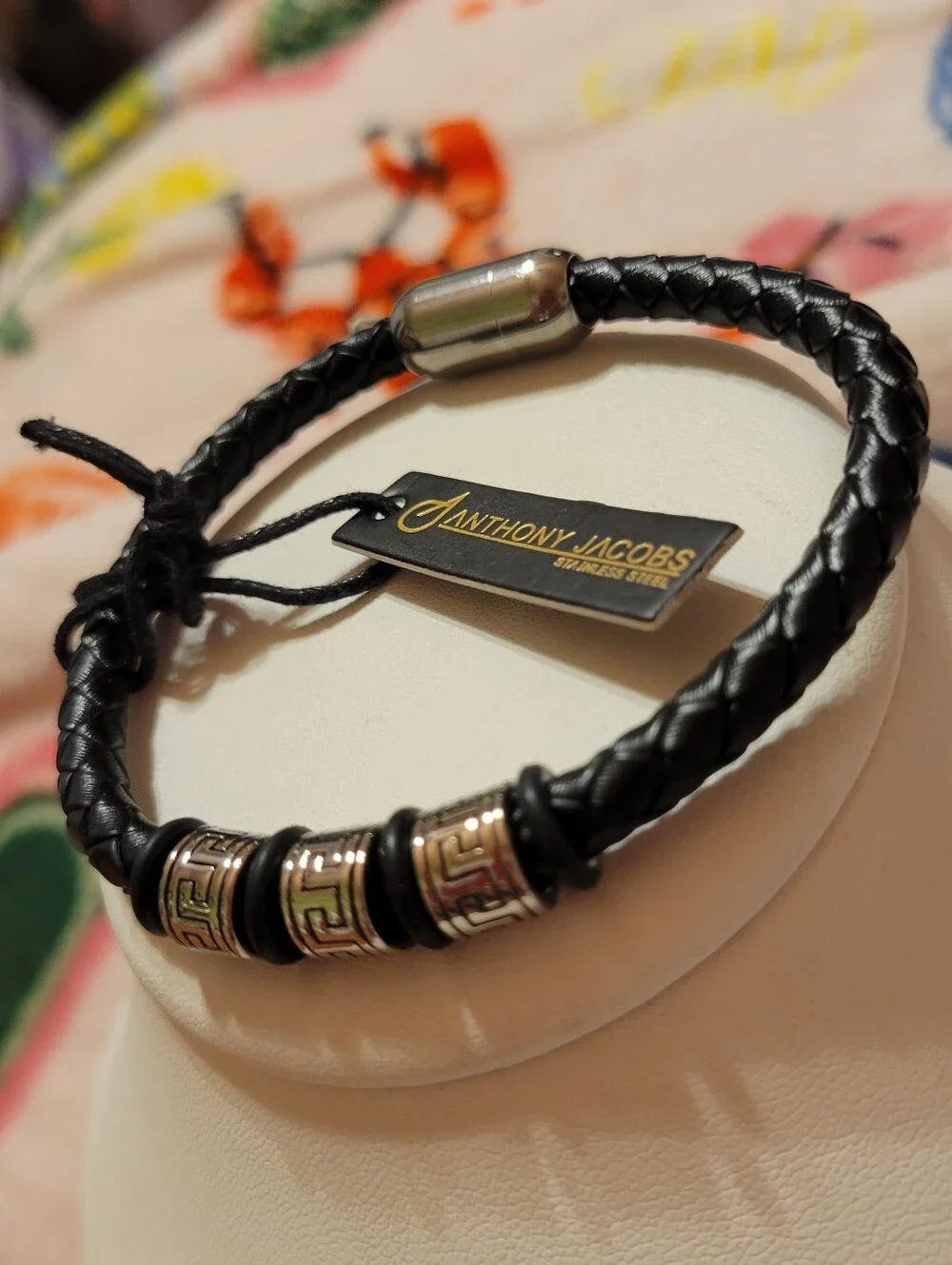 Anthony Kacobs Black Braided Leather Men’s Bracelet with Silver Accents